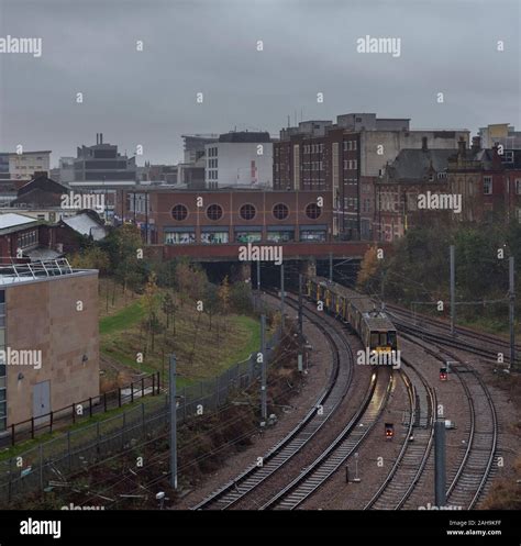 Nexus Tyne and Wear Metro cars departing from Sunderland railway station with a service to South ...