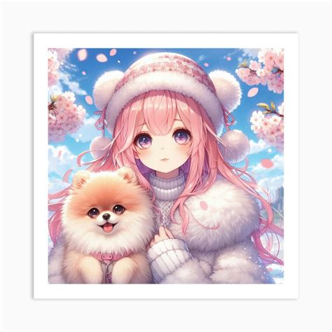 Anime Girl With her Dog Art Print by ArtDomain - Fy