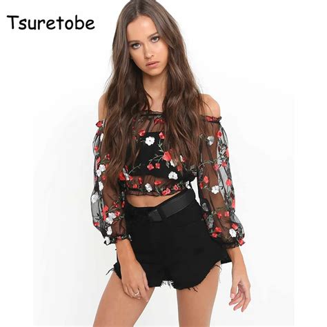 Tsuretobe Fashion Women Fall Winter Embroidery T Shirt Slash Neck Sexy