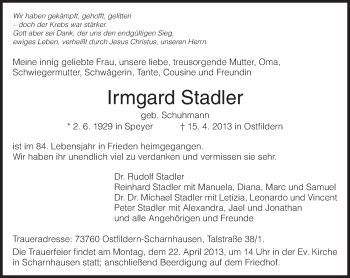 Traueranzeigen von Irmgard Stadler | zeit-des-gedenkens.de