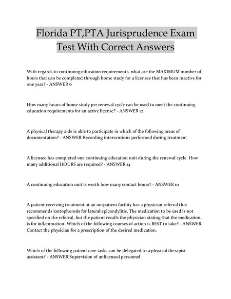 Florida Ptpta Jurisprudence Exam Test With Correct Answers Browsegrades