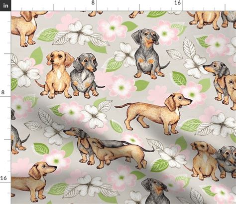 Doxie Fabric Dachshunds And Dogwood Blossoms Pink Large Etsy Australia