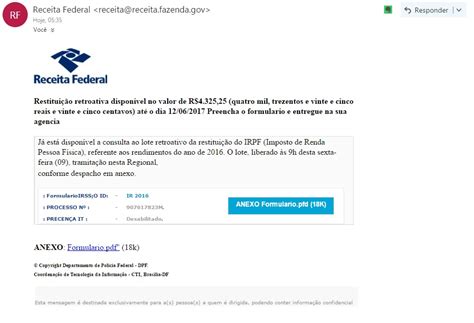 E Mail Da Receita Federal Que Alerta Sobre Restituição Do Ir é Falso