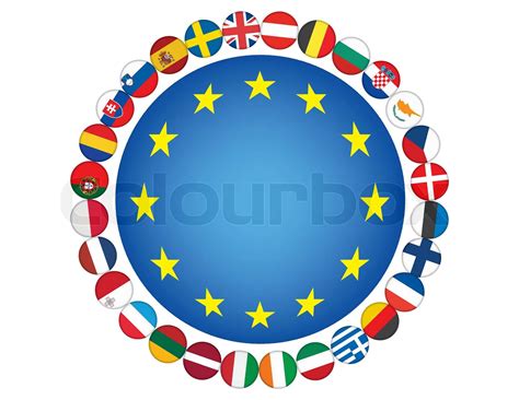 European Union Flag Icons Around Blue Sphere With Stars Stock Vector