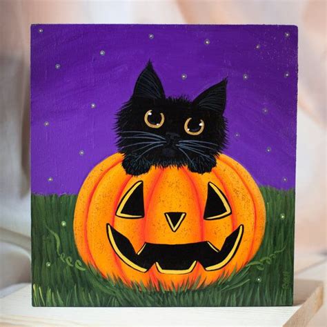 Black Cat In A Pumpkin Original Halloween Folk Art Painting On Etsy