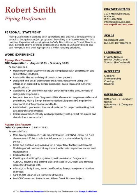 Piping Draftsman Resume Samples Qwikresume