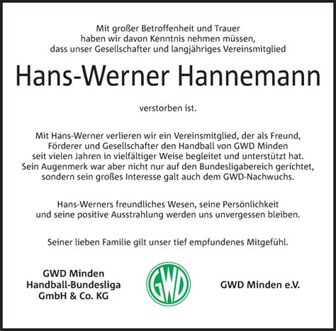 Traueranzeigen Von Hans Werner Hannemann Trauer MT De