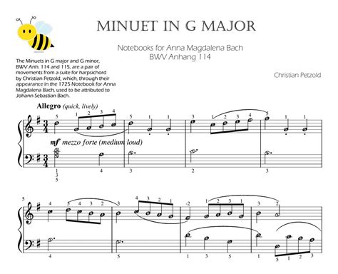 Minuet In G Major Js Bach Piano Sheet Music With Note Names Finger