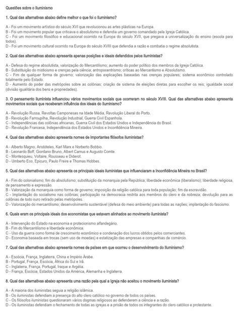 Questoes Sobre O Iluminismo
