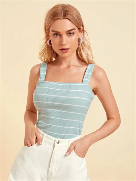 Striped Rib Knit Cami Top Shein Usa Cami Tops Tops Rib Knit