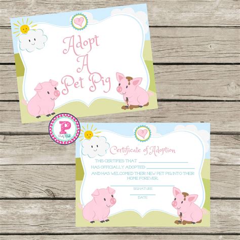 Adopt A Pet Pig Adoption Certificate Farm Animal Birthday Etsy