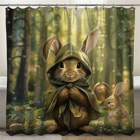 Easter Bunny Forest Adventure Kids Shower Curtain Whimsical Hooded