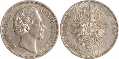 Bayern 5 Mark 1875 D Ludwig II 1864 1886 Vorzüglich MA Shops