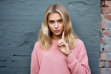 Hipster Teen Gen Z Fille Blonde Montrant Chut Signe Geste Du Doigt Demandant De Garder Le Secret