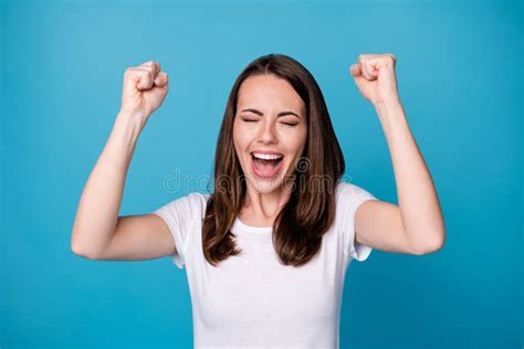 Photo Of Attractive Pretty Funny Lady Good Mood Raise Fists Celebrate