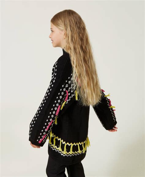 Manteau Jacquard Avec Franges Fille Noir Twinset Milano