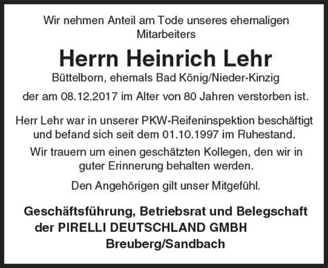 Traueranzeigen Von Heinrich Lehr Vrm Trauer De