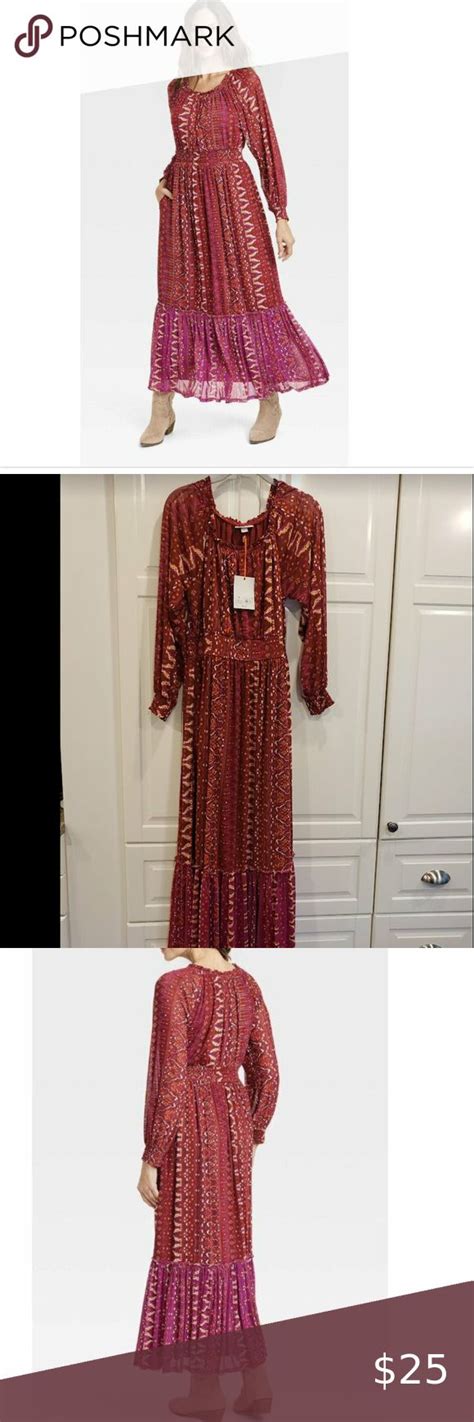 Knox Rose Deep Hibiscus Long Sleeve Boho Maxi Dress Womens Medium