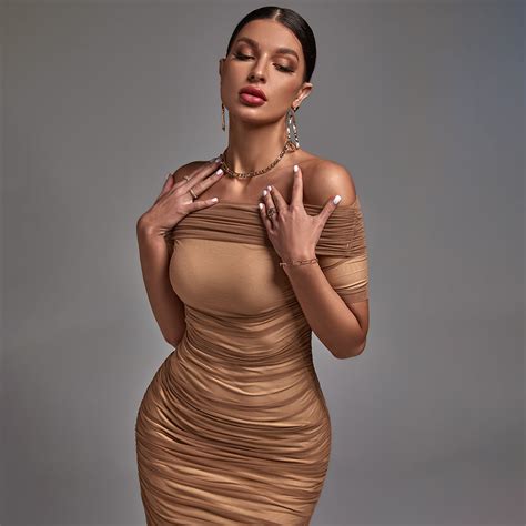 Off Shoulder Short Sleeve Ruched Midi Bodycon Dress Wolddress