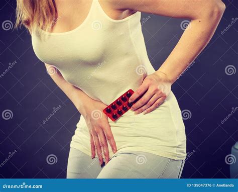 Woman Suffer From Belly Pain Holds Pills Stock Photo Image Of Cure