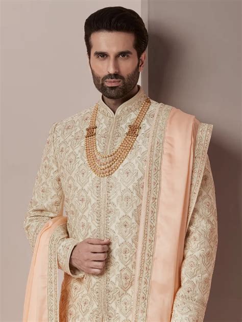 Groom And Wedding Raw Silk Sherwani In Peach G Msh