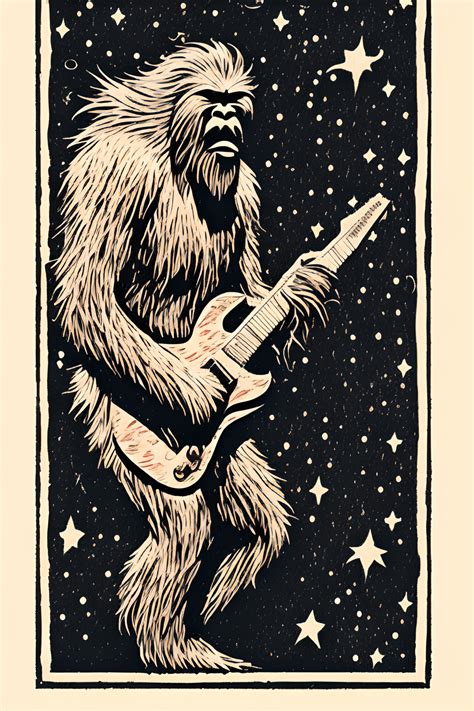 Woodcut Portrait Of Bigfoot Yeti Playing Guitar Falling Into The Stars