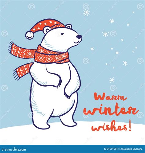 Christmas Card Of Polar Bear In Red Scarf And Hat Stock Vector