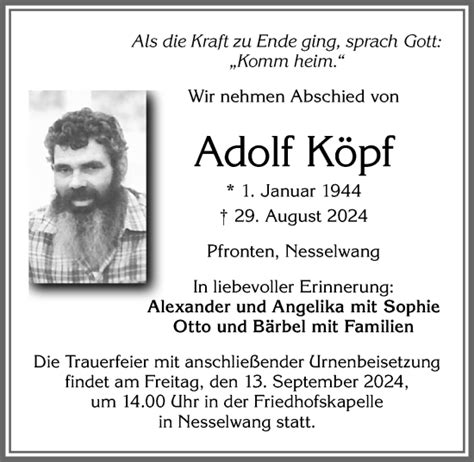 Traueranzeigen von Adolf Köpf Allgäuer Zeitung