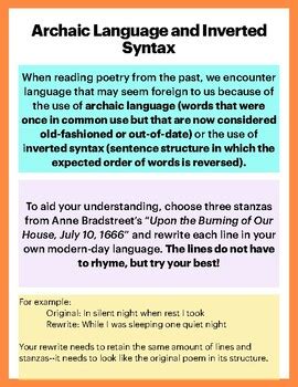 Archaic Language and Inverted Syntax Activity by Nicholas Education Store