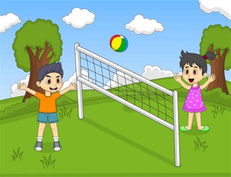 Children Playing Volleyball At The Park Cartoon Vector Illustration