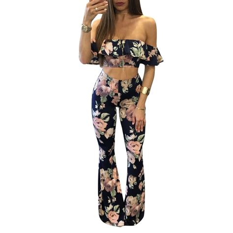 Sexy Two Piece Set Crop Tops Long Pant Fashion Ruffless Slash Neck