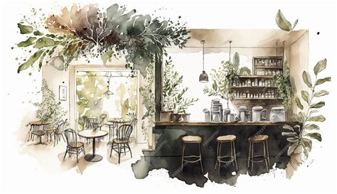 Premium AI Image | A sketch of a restaurant interior with a bar and stools.