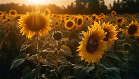 Sunflower In Meadow Vibrant Yellow Beauty Blossoms Generated By Ai Stock Illustration