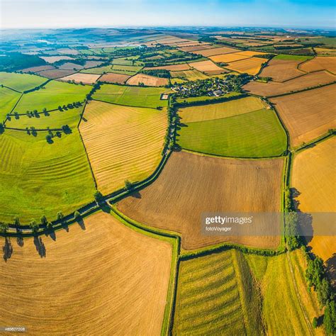 Picturesque Patchwork Quilt Farmland Aerial View Over Fields Rural Villages Stock Photo | Getty ...