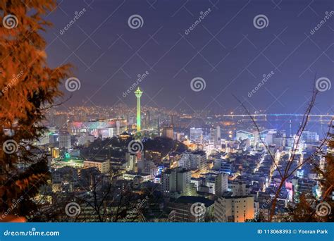 Busan City Skylight and Busan Tower at Night Editorial Stock Photo ...