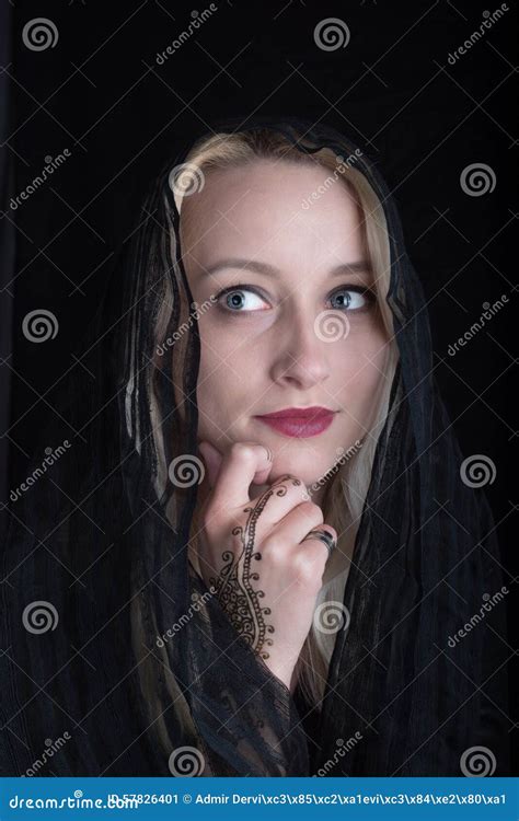 Girl With Henna On Her Hand Covering One Eye Stock Image Image Of Covering Blue 57826401