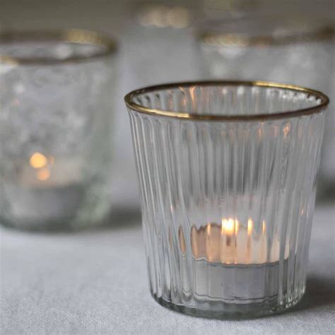 Ribbed Clear Glass Tea Light Holder With Gold Rim Burrowandnest