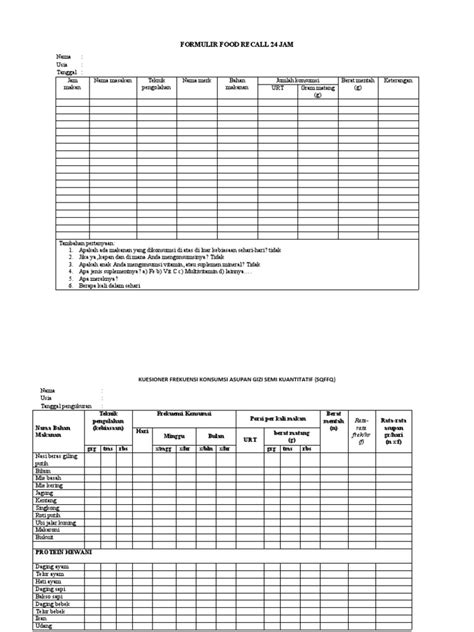 Formulir Food Recall 24 Jam Sqffq Pdf