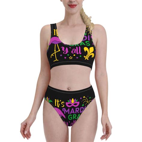 Lukts Women High Waisted Bikini Set Mardi Gras With Flamingo Swimsuit