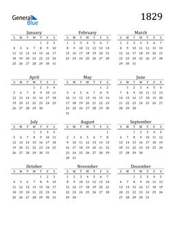 1829 Calendar (PDF, Word, Excel)