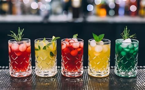 Premium Photo Colored Alcoholic Cocktails With Ice In Glasses On The