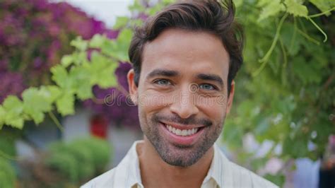 Cheerful Guy Posing Garden Alone Portrait Handsome Bearded Man Looking