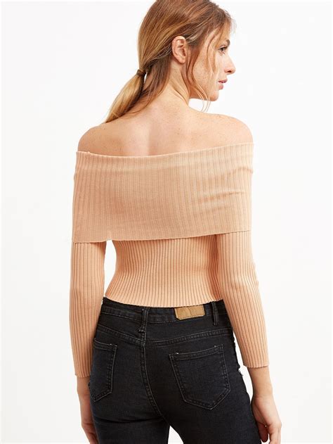 Pink Foldover Off The Shoulder Ribbed Sweater Shein Sheinside