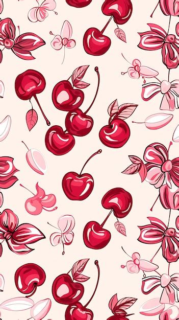 Coquette Cherry And Bow Pattern With Pink Bows Cute Coquette Cherries