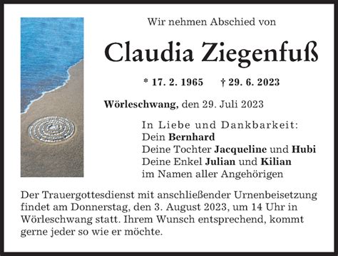 Traueranzeigen Von Claudia Ziegenfu Augsburger Allgemeine Zeitung