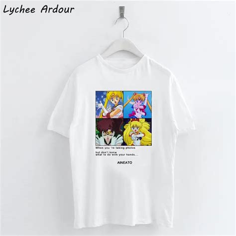 Sailor Moon Printed T Shirt Colorful Animation Letter Printed Female T Shirts Summer Slim Casual