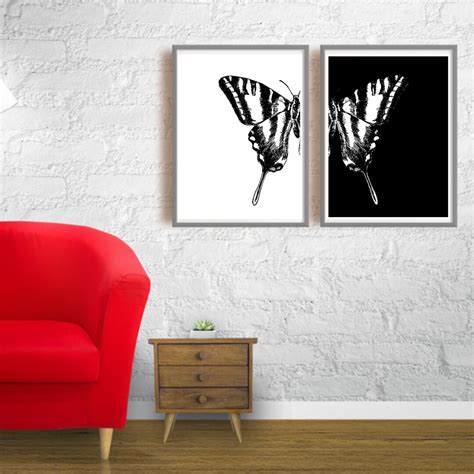 Black And White Butterfly Wall Art Print Set Of 2 Minimalist Butterfly