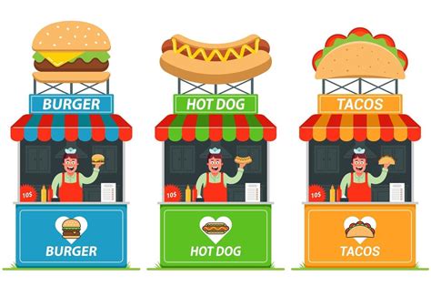 Set Of Stalls With Fast Food Cheerful Seller At The Kiosk Flat Vector