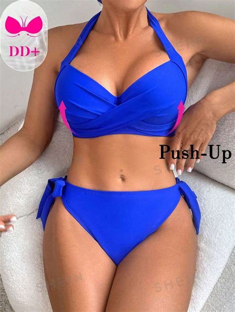 Shein Dd Women S Solid Color Criss Cross Neck Tied Sexy Bikini Set For Summer Beach With Push