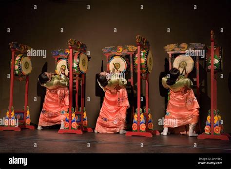 Korean Musicians Performing Samgo Mu The Three Drum Dance Stock Photo